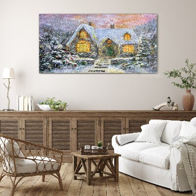 Winter landscape with a house in the forest Glass Wall Art