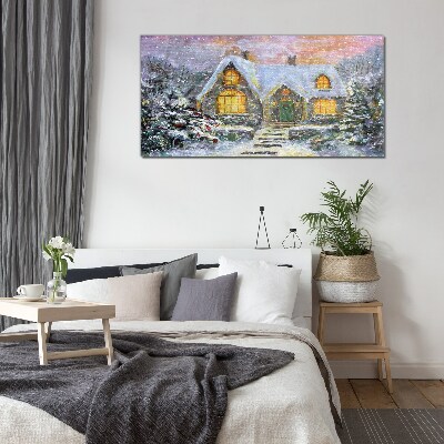 Winter landscape with a house in the forest Glass Wall Art
