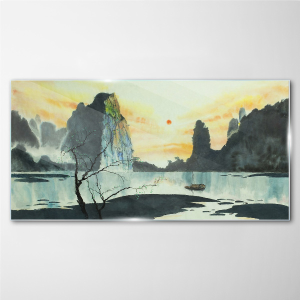 A peaceful landscape with a mountain and a boat Glass Wall Art