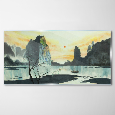 A peaceful landscape with a mountain and a boat Glass Wall Art