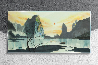 A peaceful landscape with a mountain and a boat Glass Wall Art