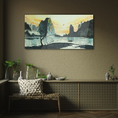 A peaceful landscape with a mountain and a boat Glass Wall Art