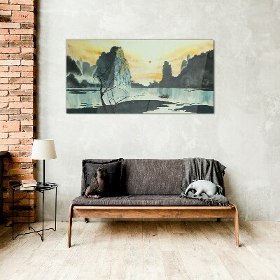 A peaceful landscape with a mountain and a boat Glass Wall Art