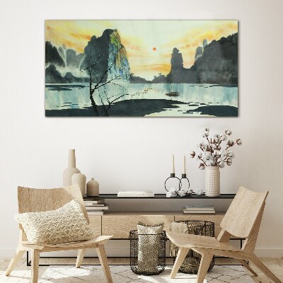 A peaceful landscape with a mountain and a boat Glass Wall Art