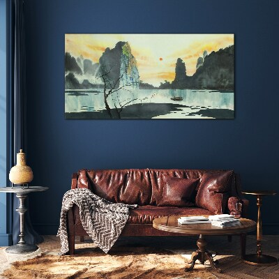 A peaceful landscape with a mountain and a boat Glass Wall Art