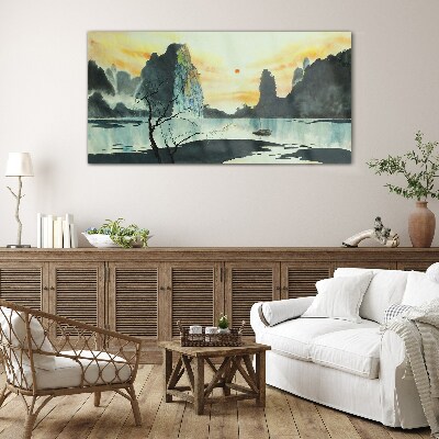 A peaceful landscape with a mountain and a boat Glass Wall Art