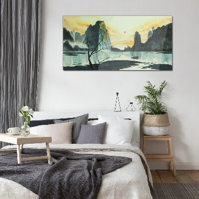 A peaceful landscape with a mountain and a boat Glass Wall Art