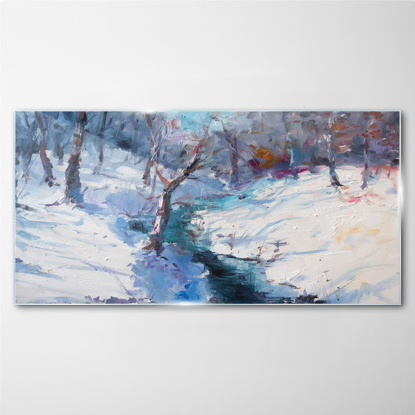 Winter landscape with a river Glass Wall Art