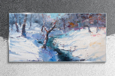 Winter landscape with a river Glass Wall Art