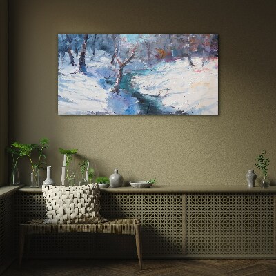 Winter landscape with a river Glass Wall Art