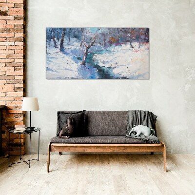 Winter landscape with a river Glass Wall Art