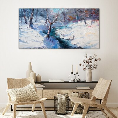 Winter landscape with a river Glass Wall Art