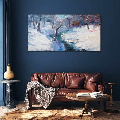 Winter landscape with a river Glass Wall Art