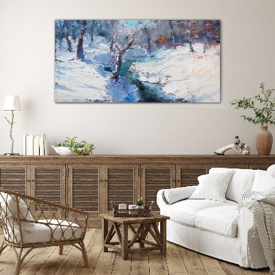 Winter landscape with a river Glass Wall Art