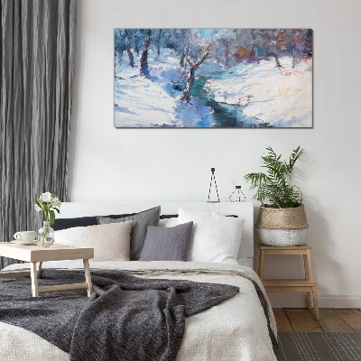 Winter landscape with a river Glass Wall Art