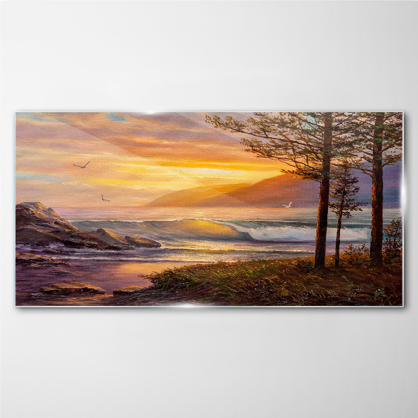 Sunset over the sea shore Glass Wall Art