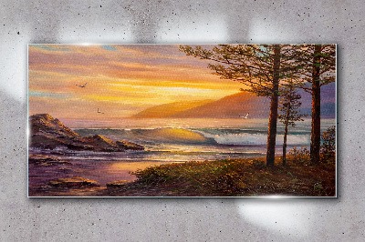 Sunset tree waves Glass Wall Art