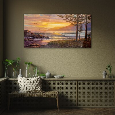 Sunset over the sea shore Glass Wall Art