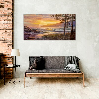 Sunset over the sea shore Glass Wall Art