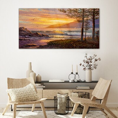 Sunset over the sea shore Glass Wall Art