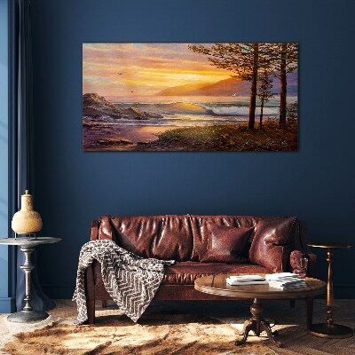 Sunset over the sea shore Glass Wall Art