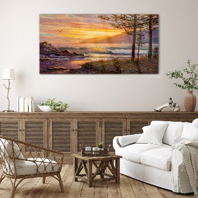 Sunset over the sea shore Glass Wall Art