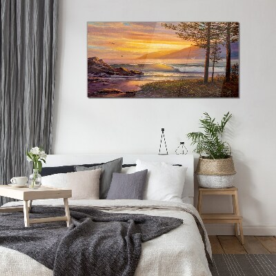 Sunset over the sea shore Glass Wall Art