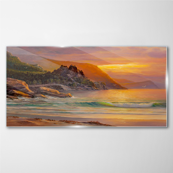 Sunset over the mountain coast Glass Wall Art