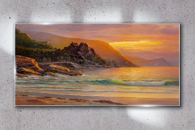 Sunset over the mountain coast Glass Wall Art