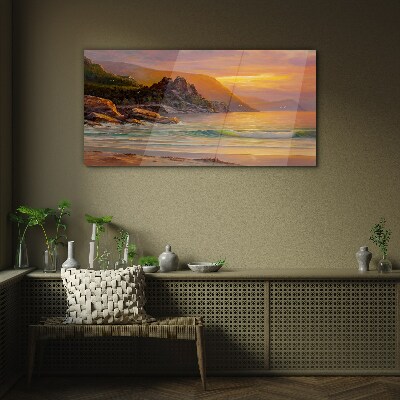 Sunset over the mountain coast Glass Wall Art