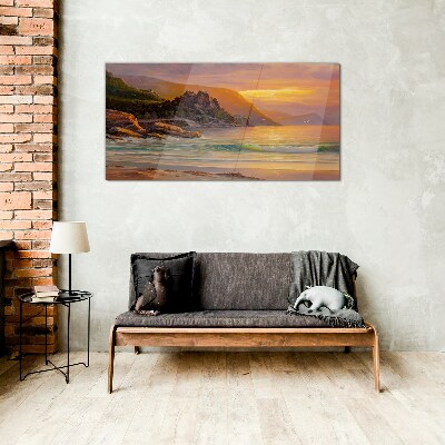 Sunset over the mountain coast Glass Wall Art