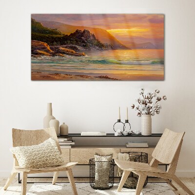 Sunset over the mountain coast Glass Wall Art