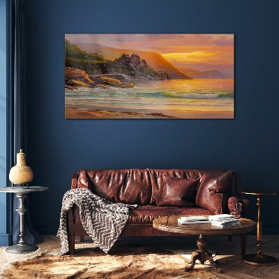 Sunset over the mountain coast Glass Wall Art