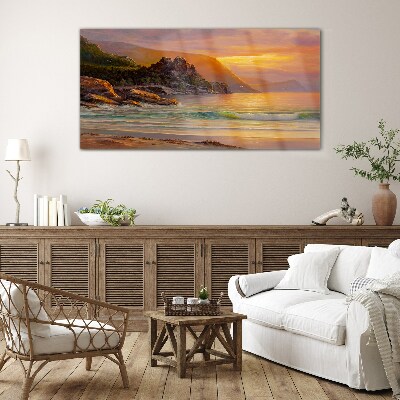 Sunset over the mountain coast Glass Wall Art