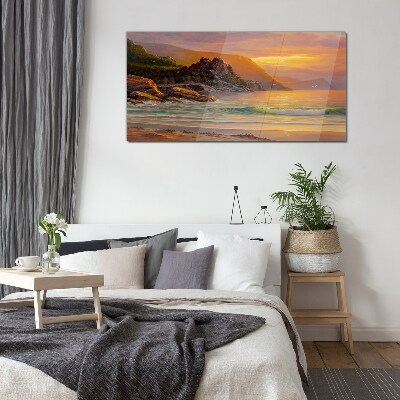 Sunset over the mountain coast Glass Wall Art