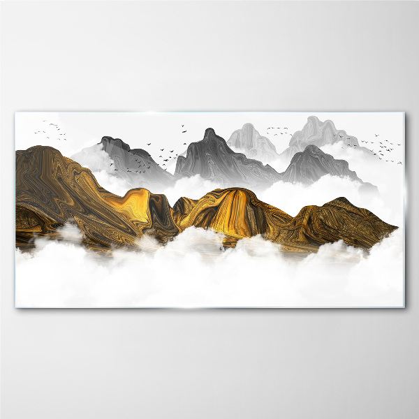 Golden mountains in the clouds Glass Wall Art