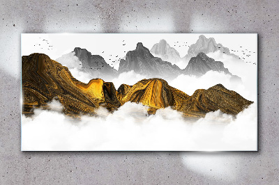 Golden mountains in the clouds Glass Wall Art
