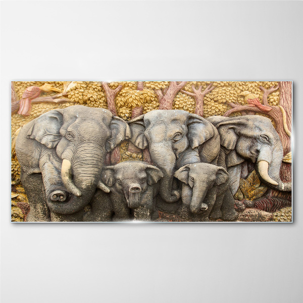 Family of elephants in a forest landscape Glass Wall Art