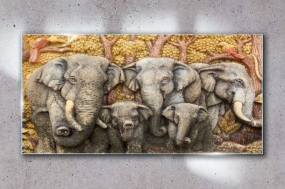 Family of elephants in a forest landscape Glass Wall Art