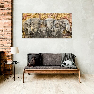 Family of elephants in a forest landscape Glass Wall Art
