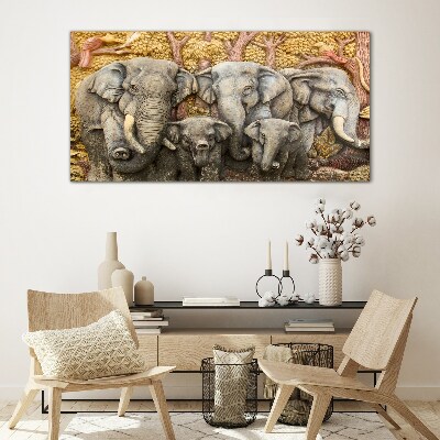 Family of elephants in a forest landscape Glass Wall Art
