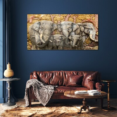 Family of elephants in a forest landscape Glass Wall Art