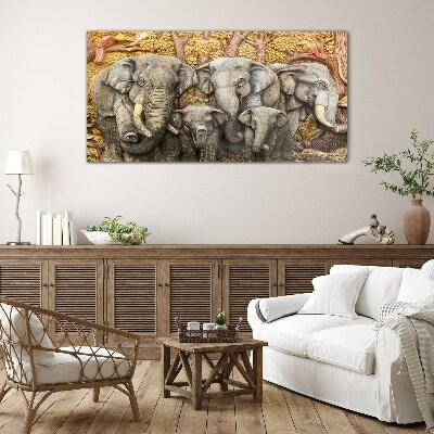 Family of elephants in a forest landscape Glass Wall Art