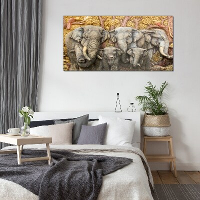 Family of elephants in a forest landscape Glass Wall Art