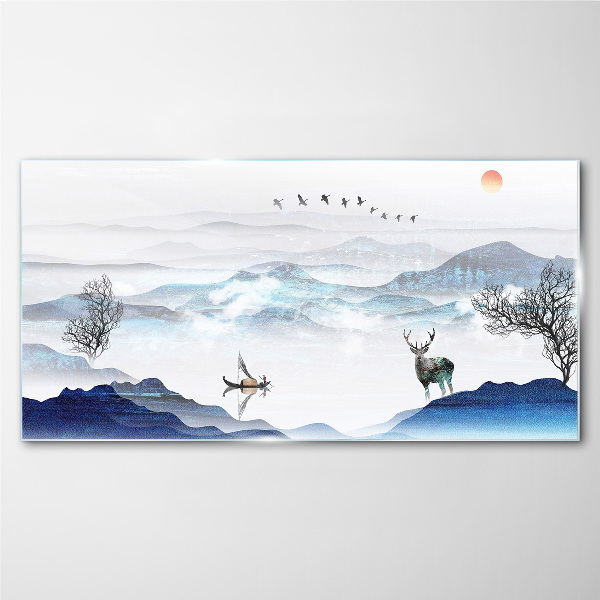 A peaceful mountain landscape with a deer Glass Wall Art