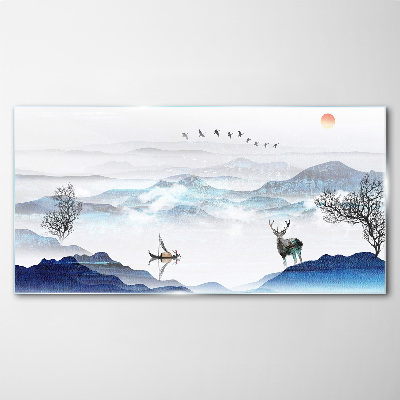 A peaceful mountain landscape with a deer Glass Wall Art