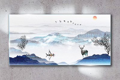 A peaceful mountain landscape with a deer Glass Wall Art