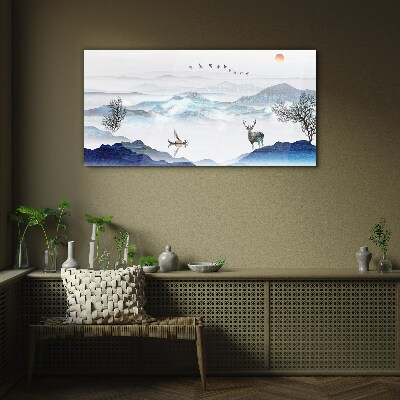 A peaceful mountain landscape with a deer Glass Wall Art
