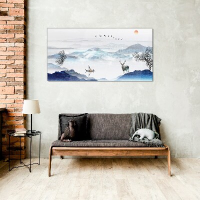 A peaceful mountain landscape with a deer Glass Wall Art