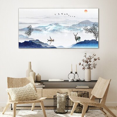 A peaceful mountain landscape with a deer Glass Wall Art